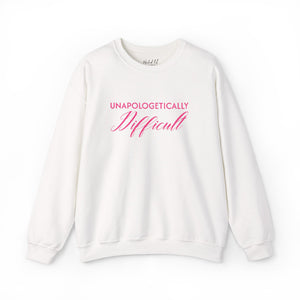 white sweatshirt with embroidered pink text 'unapologetically difficult'