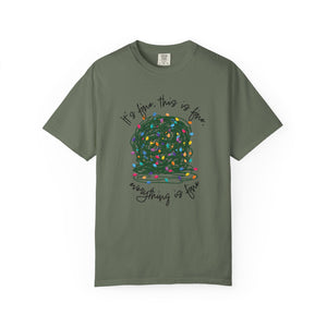 green t-shirt with a graphic of a tangled ball of lights with text It's fine, this is fine, everything is fine.