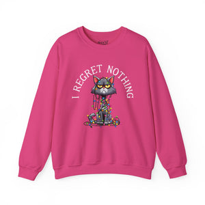 Pink sweatshirt with a graphic of a cat tangled in Christmas lights and text the says 'I Regret Nothing'.