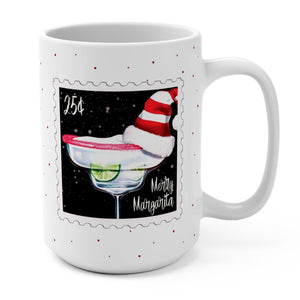 mug with 'Merry Margarita Postage Stamp Christmas 15oz' graphic on a white background