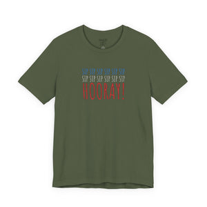 Green t-shirt with embroidered red white and blue text design on a white background