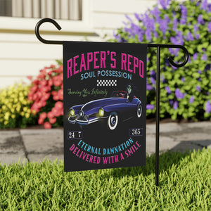 Garden flag with 'Grim Reapers Car Repo Halloween' design
