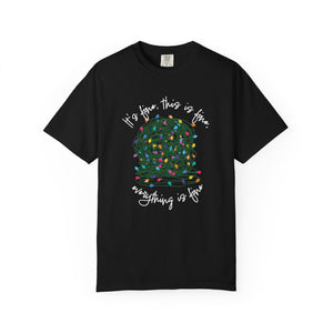 black t-shirt with a graphic of a tangled ball of lights with text It's fine, this is fine, everything is fine.