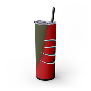 mug with 'Nightmare on Elm Freddy Krueger Skinny Tumbler 20oz' graphic on a white background