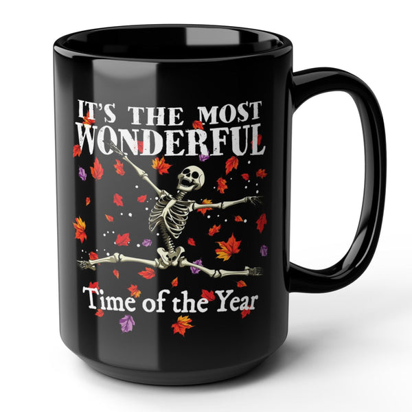 Black mug with skeleton design and text on a white background