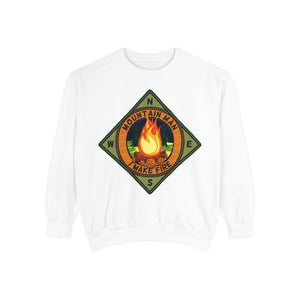Denim blue sweatshirt with 'Mountain Man Men's Funny Camping' design on a plain background