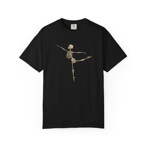 Black t-shirt with a ballerina skeleton design on a white background
