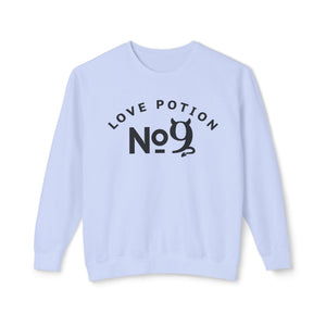 White sweatshirt with 'Love Potion No 9 Halloween' design on a plain background