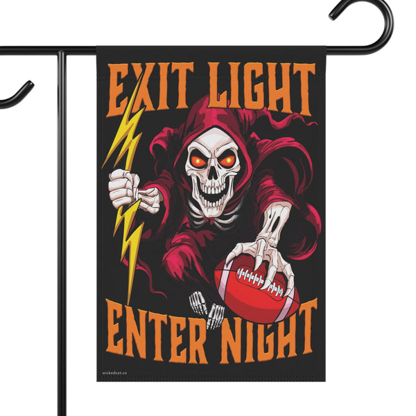 Virginia Tech Football Garden flag with a skeleton holding a football and lightning bolt, text 'EXIT LIGHT ENTER NIGHT', on a black background.