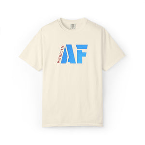 Beige t-shirt with 'Patriotic AF' text on a white background
