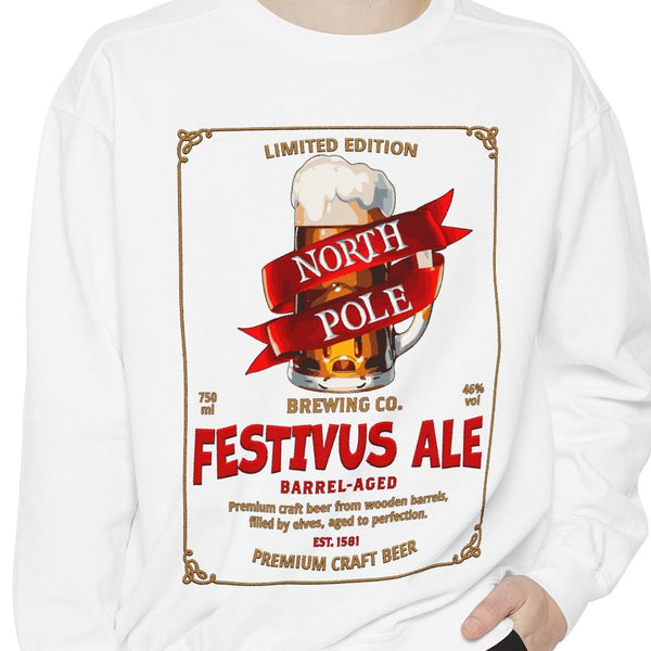 Person wearing a white long-sleeve shirt with 'Festivus Ale' design on a white background