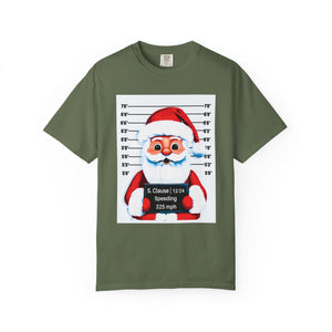 Green t-shirt with a graphic of Santa Claus in a mugshot style design on a white background