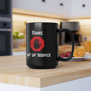 mug with 'Out of Service Funny Office' graphic on a white background