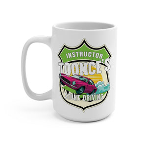 A white ceramic mug with a colorful graphic design featuring a pink car and the text 'Instructor Toonce's Stunt Driving'.