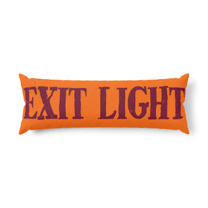 An orange rectangular lumbar pillow featuring the words 'EXIT LIGHT' in a distressed dark red font, shown against a plain white background.