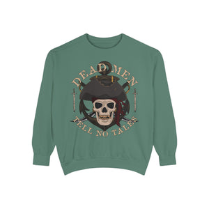 Orchid sweatshirt with 'Dead Men Tell No Tales Pirate Skull' design on a plain background