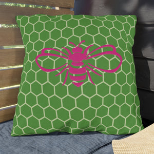 throw pillow with 'Honeycomb Bee Reversible Pink & Green' design