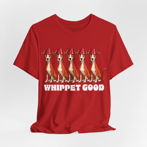 Aqua t-shirt with 'Whippet Good Devo 80's Music Funny' design on a white background