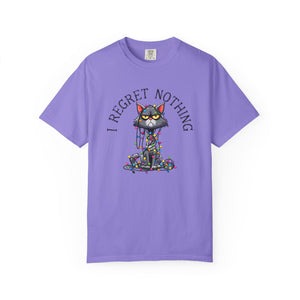 Purple t-shirt with a cartoon cat tangled in Christmas lights with text at the top that says I Regret Nothing
