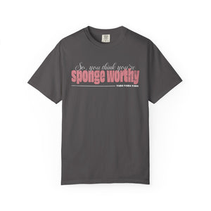 Teal blue t-shirt with 'Sponge Worthy 90s Seinfeld Grunge' design on a white background