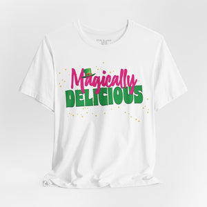 Kelly t-shirt with 'Magically Delicious Funny St. Patrick's Day' design on a white background