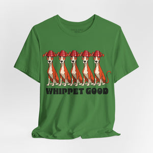 White t-shirt with 'Whippet Good Devo 80's Music Funny' design on a white background