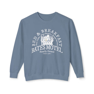 Hydrangea sweatshirt with 'Bates Motel Halloween Fall' design on a plain background