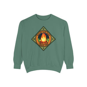 Green sweatshirt with a camping design on a white background