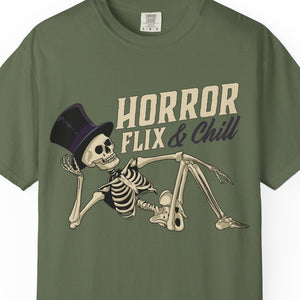 Green t-shirt with skeleton design and 'Horror Flix & Chill' text on a white background