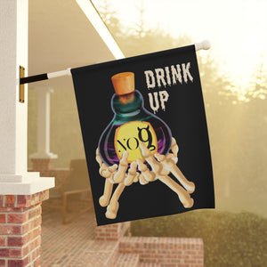 Garden flag with 'Drink Up Love Potion Skeleton Halloween' design