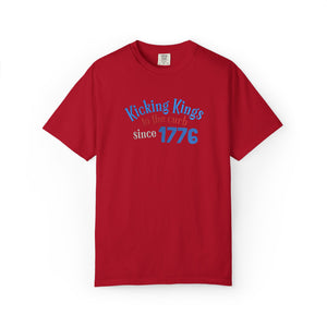 Red t-shirt with blue and white text on a white background