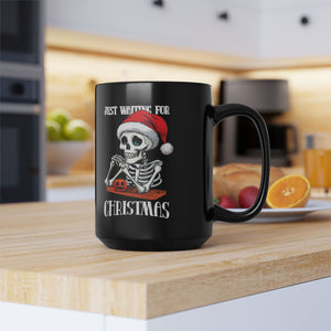 mug with 'Just Waiting For Christmas Funny Halloween' graphic on a white background
