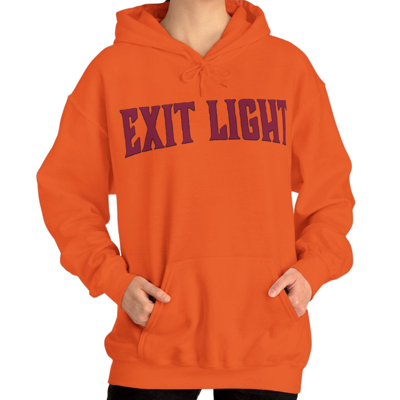 Person wearing a Virginia Tech football orange hoodie with 'EXIT LIGHT' text on a white background