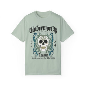 Teal blue t-shirt with 'Tequila Lovers Sugar Skull' design on a white background