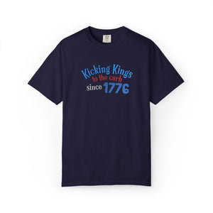Navy blue t-shirt with colorful text on a white background