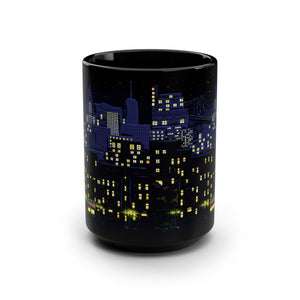 mug with 'Starry Night New York City Art' graphic on a white background
