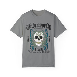 Sage t-shirt with 'Tequila Lovers Sugar Skull' design on a white background