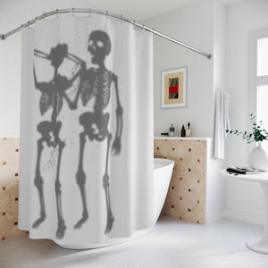Shower curtain with 'Skeleton Couple' pattern in a bathroom setting