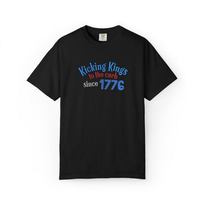 Navy blue t-shirt with colorful text on a white background