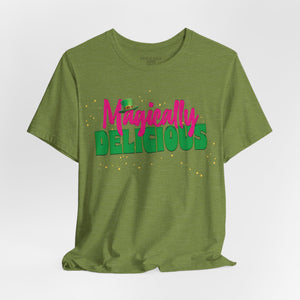 Dark gray t-shirt with 'Magically Delicious Funny St. Patrick's Day' design on a white background