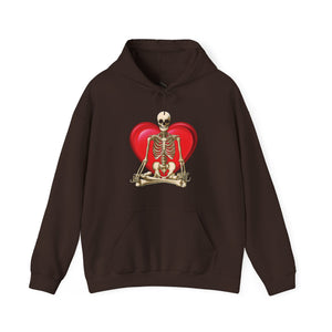 White hoodie with 'Namaste Skeleton Yoga Halloween' design on a plain background