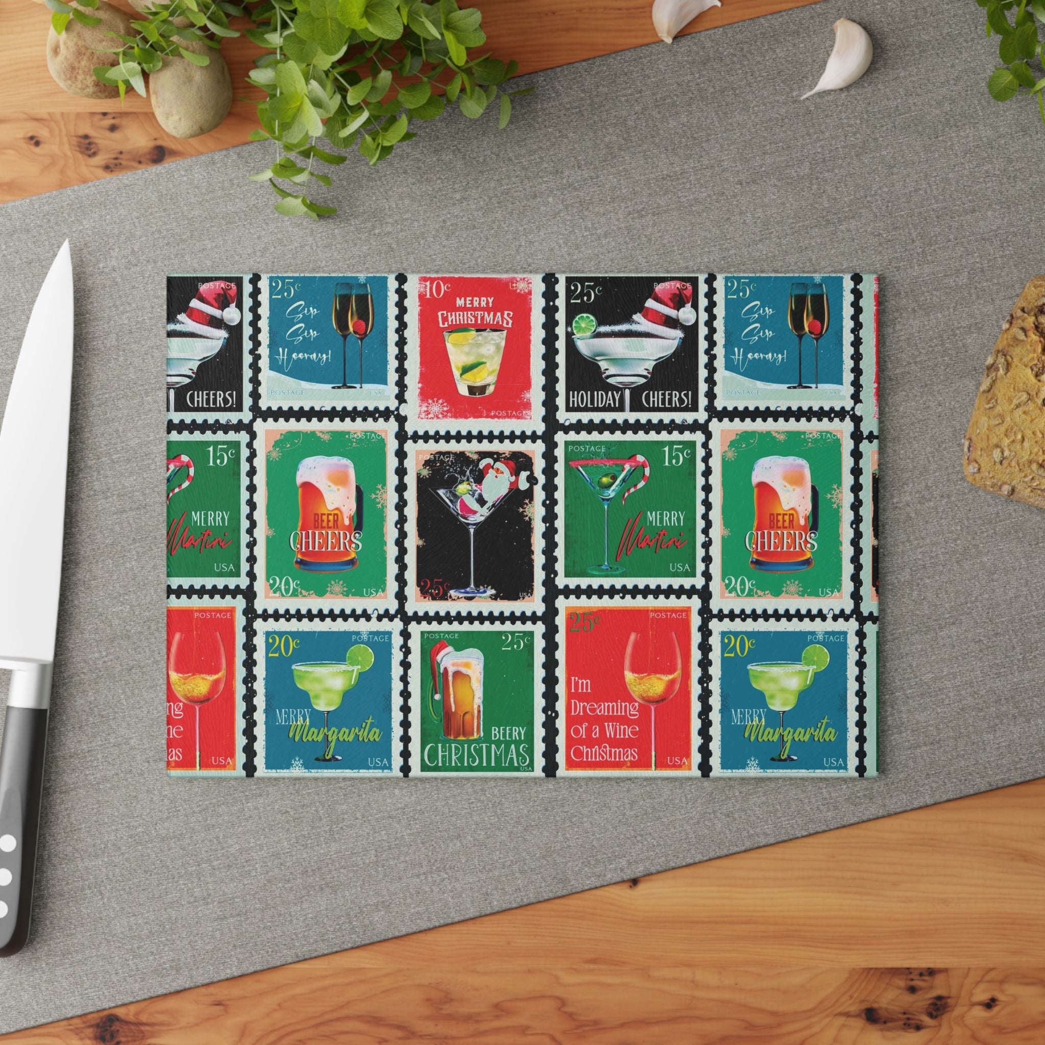 Cocktail Postage Stamps Christmas Cutting Board