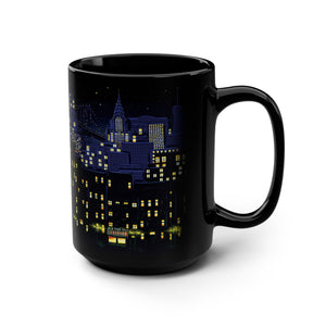 mug with 'Starry Night New York City Art' graphic on a white background