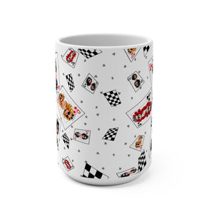 mug with 'Playing Cards The Queens' graphic on a white background