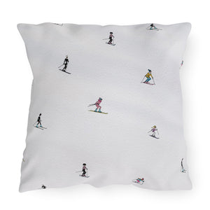 Pillow with skier pattern on a white background