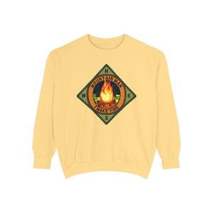 Yellow sweatshirt with a camping design on a white background