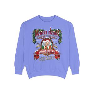 Blue sweatshirt with a festive design featuring a character and text on a white background
