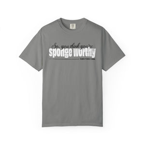 Periwinkle t-shirt with 'Sponge Worthy 90s Seinfeld Grunge' design on a white background