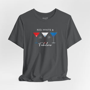 Military green t-shirt with 'Red White and Fabulous Patriotic Martini July 4th' design on a white background