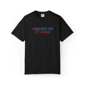 Black t-shirt with 'American Woman' text on a white background